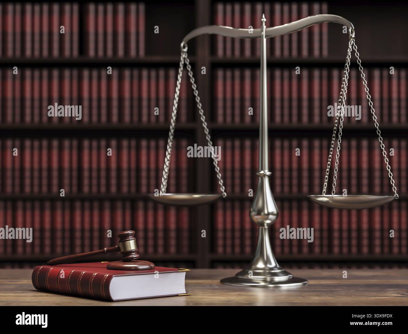 3d rendering del gavel posto sul codice del libro di giustizia, scale poste su tavola di legno contro libreria piena di libri legali Foto Stock