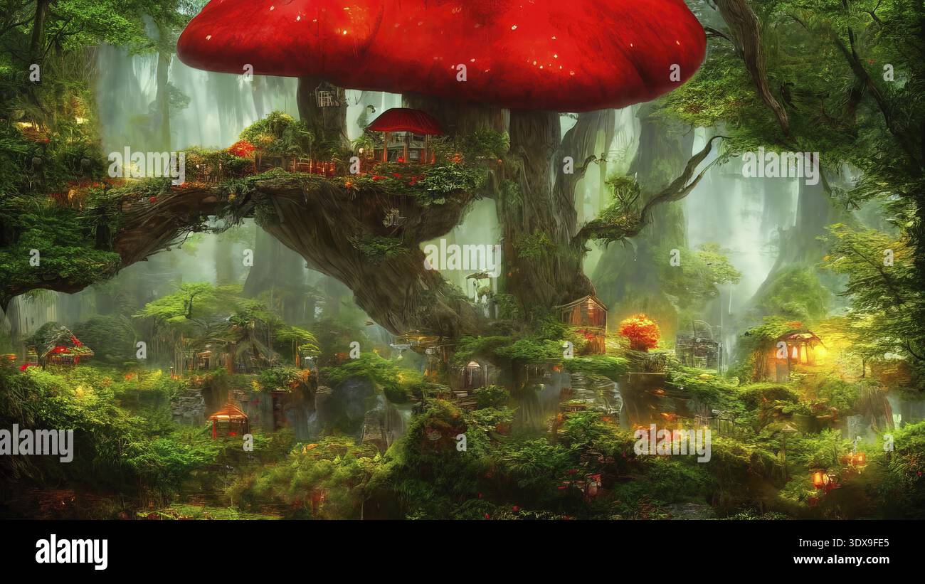 rendering in 3d di piccoli cottage fiabeschi a forma di fungo in una foresta magica Foto Stock