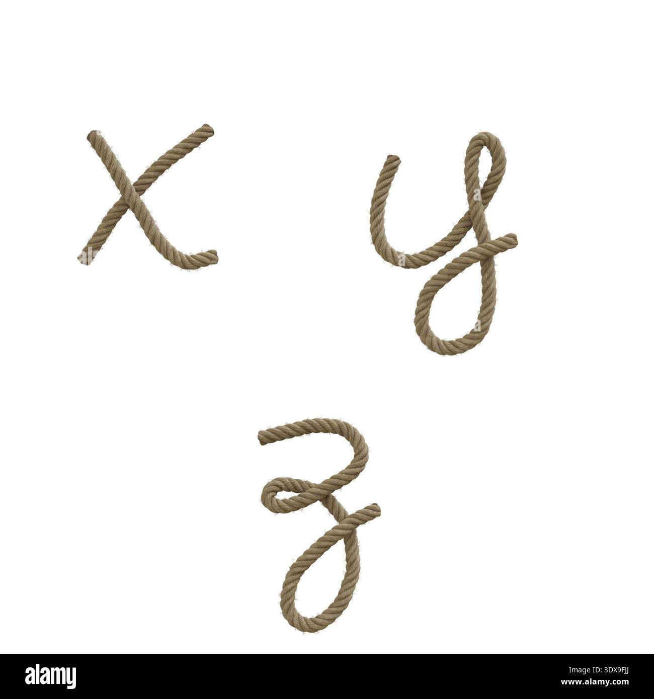 3D rappresentazione della corda di canapa lettere minuscole alfabeto - lettere x-z Foto Stock