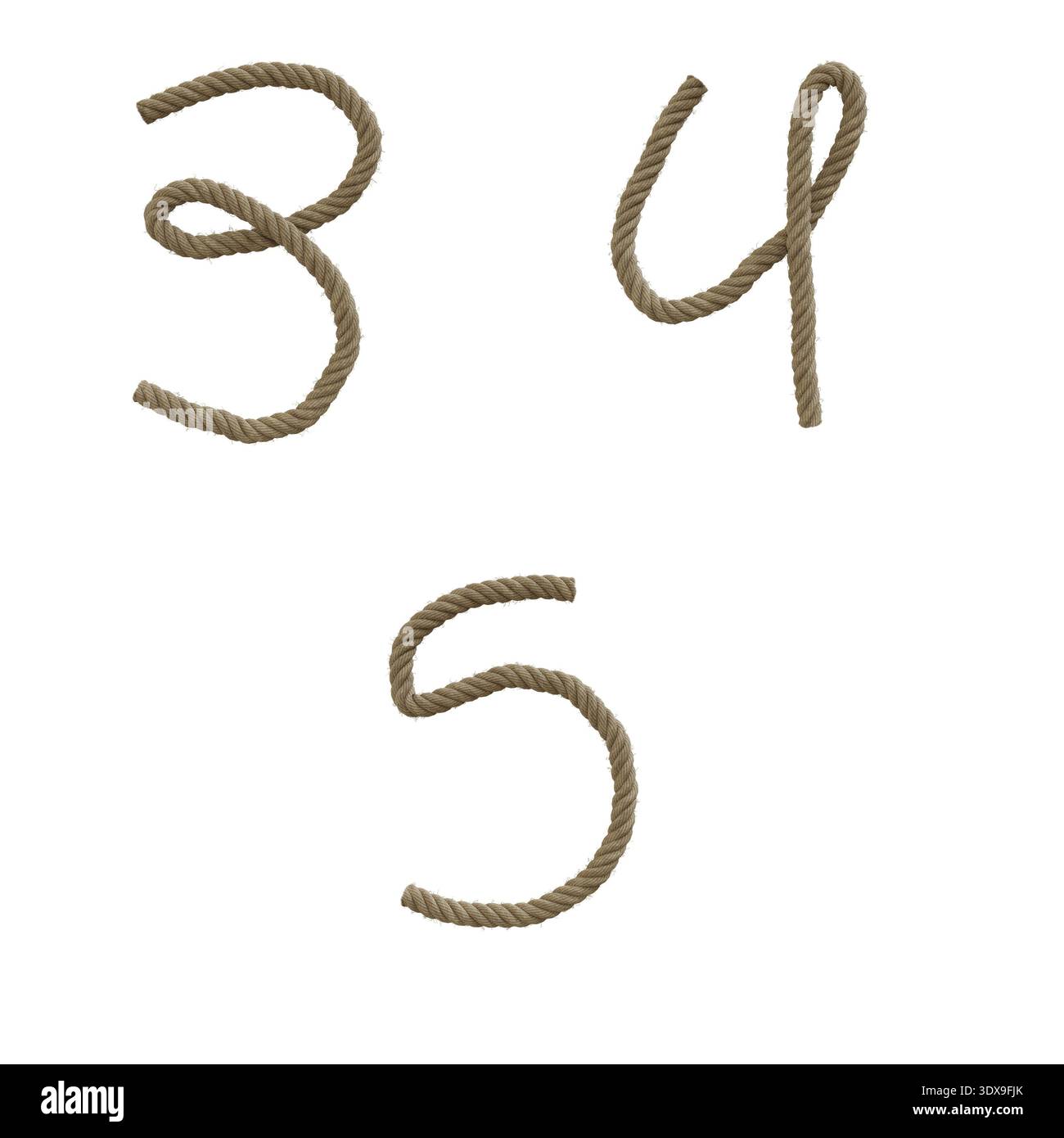 3D rappresentazione della corda di canapa lettere maiuscole alfabeto - cifre 3-5 Foto Stock