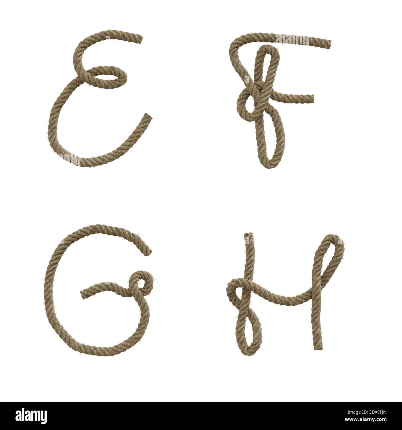 3D rappresentazione della canapa corda lettere maiuscole alfabeto - lettere e-H. Foto Stock