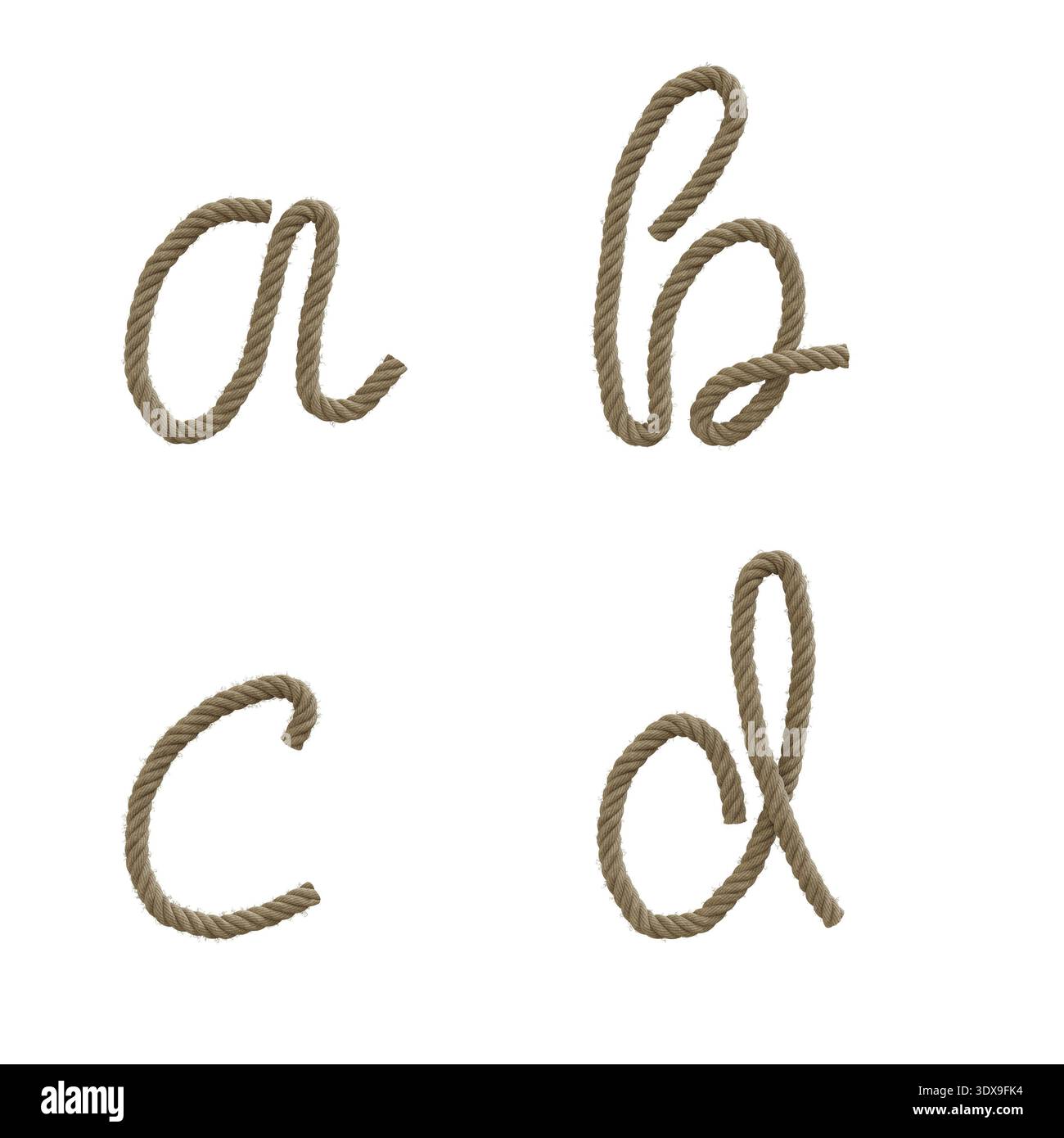 3D rappresentazione della corda di canapa lettere minuscole alfabeto - lettere a-d Foto Stock