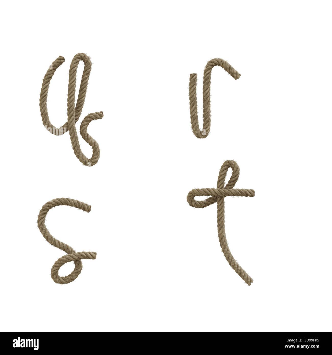 3D rappresentazione della corda di canapa lettere minuscole alfabeto - lettere q-t Foto Stock