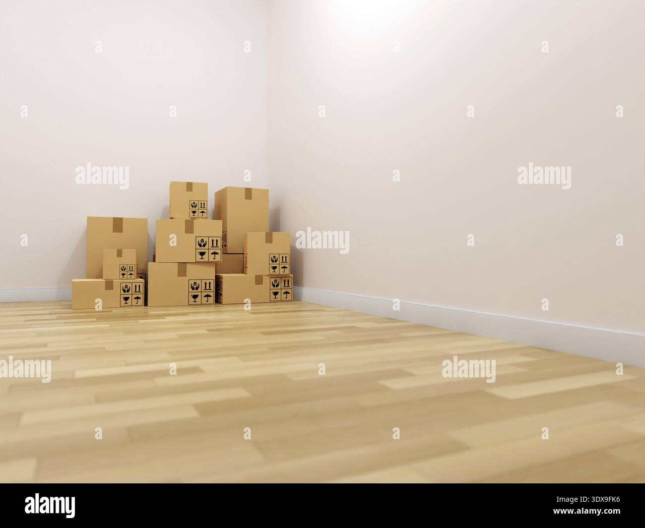 3D rendering di un locale vuoto con pavimento in parquet e scatole mobili in cartone impilato nell'angolo Foto Stock