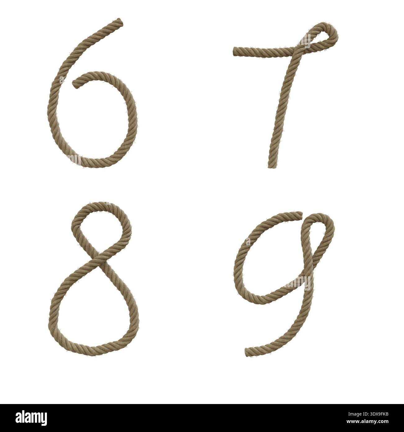 3D rappresentazione della corda di canapa lettere maiuscole alfabeto - cifre 6-9 Foto Stock