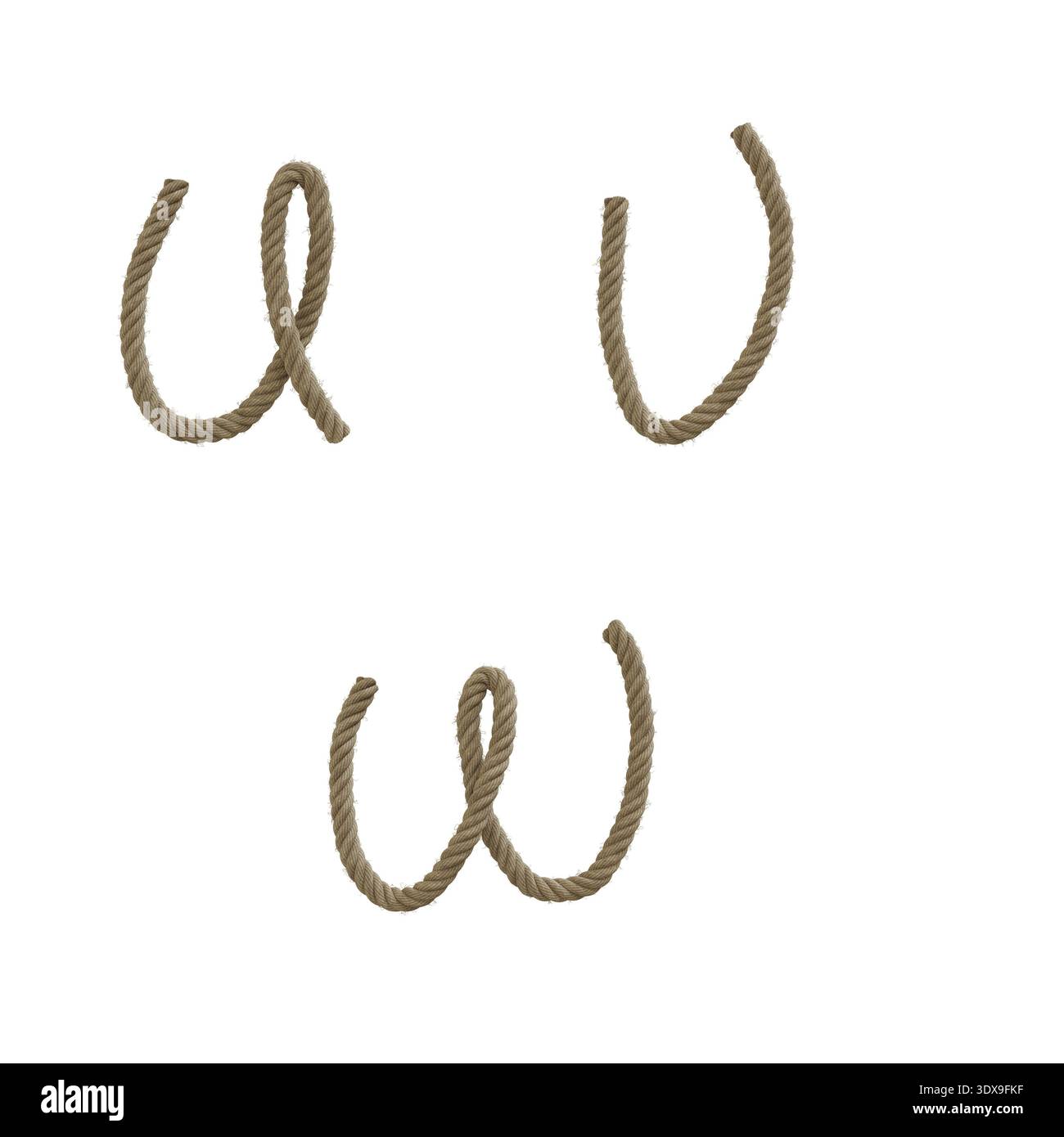 3D rappresentazione della corda di canapa lettere minuscole alfabeto - lettere u-w Foto Stock