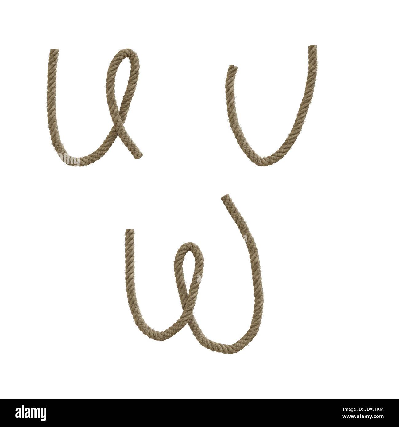 3D rappresentazione della canapa corda lettere maiuscole alfabeto - lettere U-W. Foto Stock