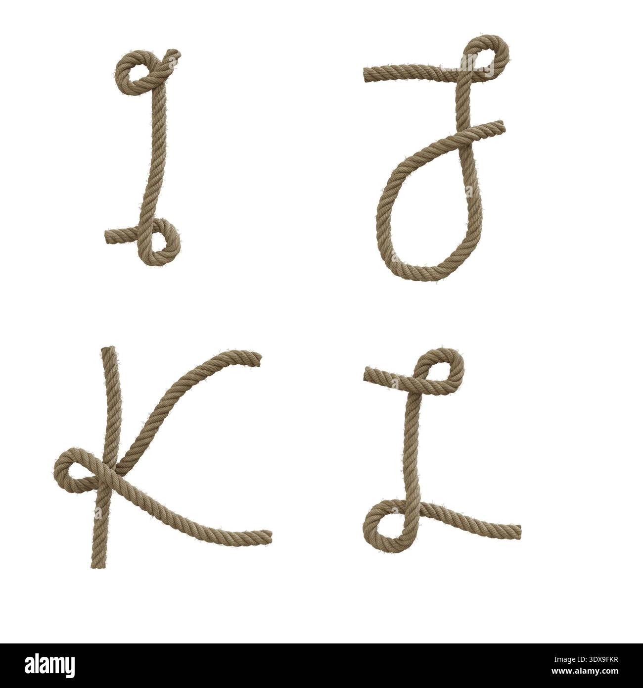3D rappresentazione della canapa corda lettere maiuscole alfabeto - lettere i-L. Foto Stock