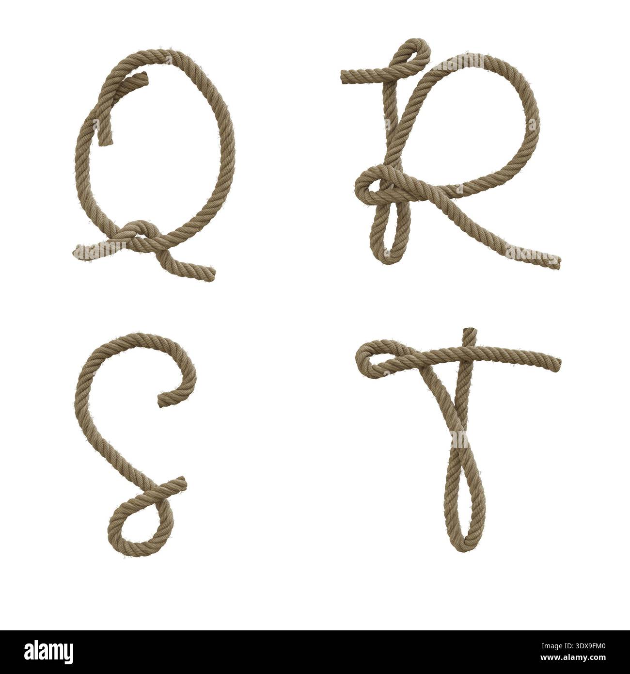 3D rappresentazione della canapa corda lettere maiuscole alfabeto - lettere Q-T. Foto Stock