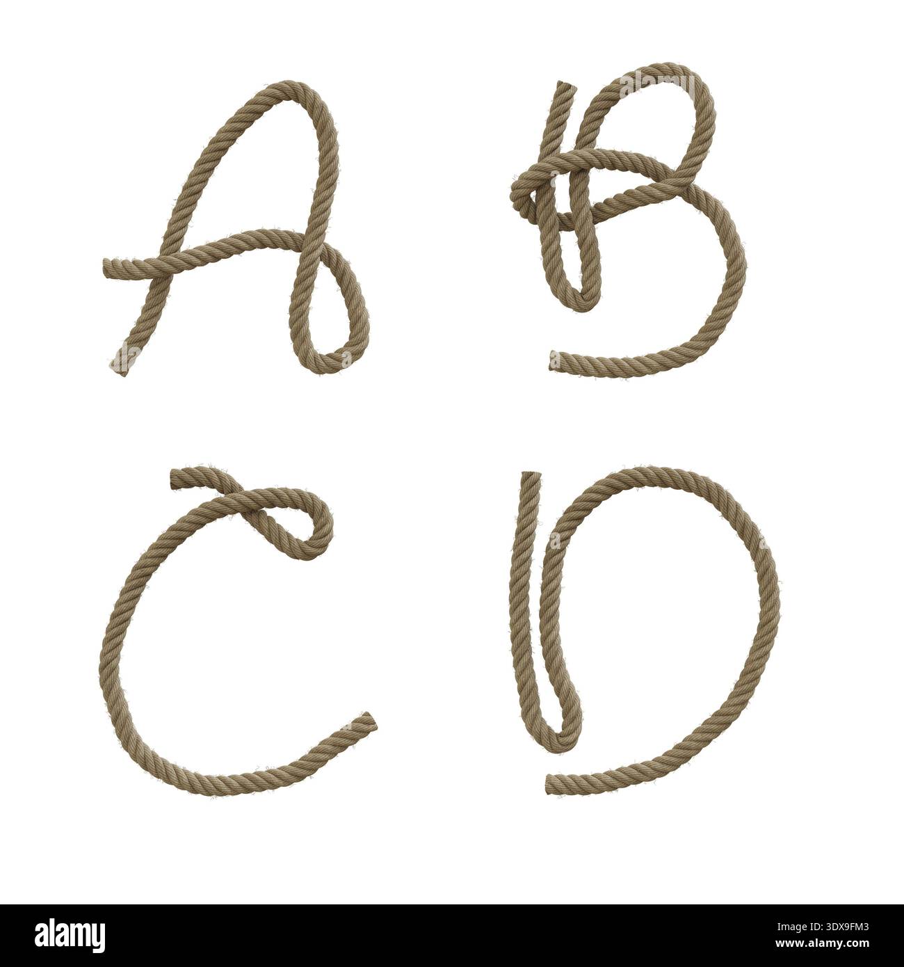3D rappresentazione della canapa corda lettere maiuscole alfabeto - lettere A-D. Foto Stock