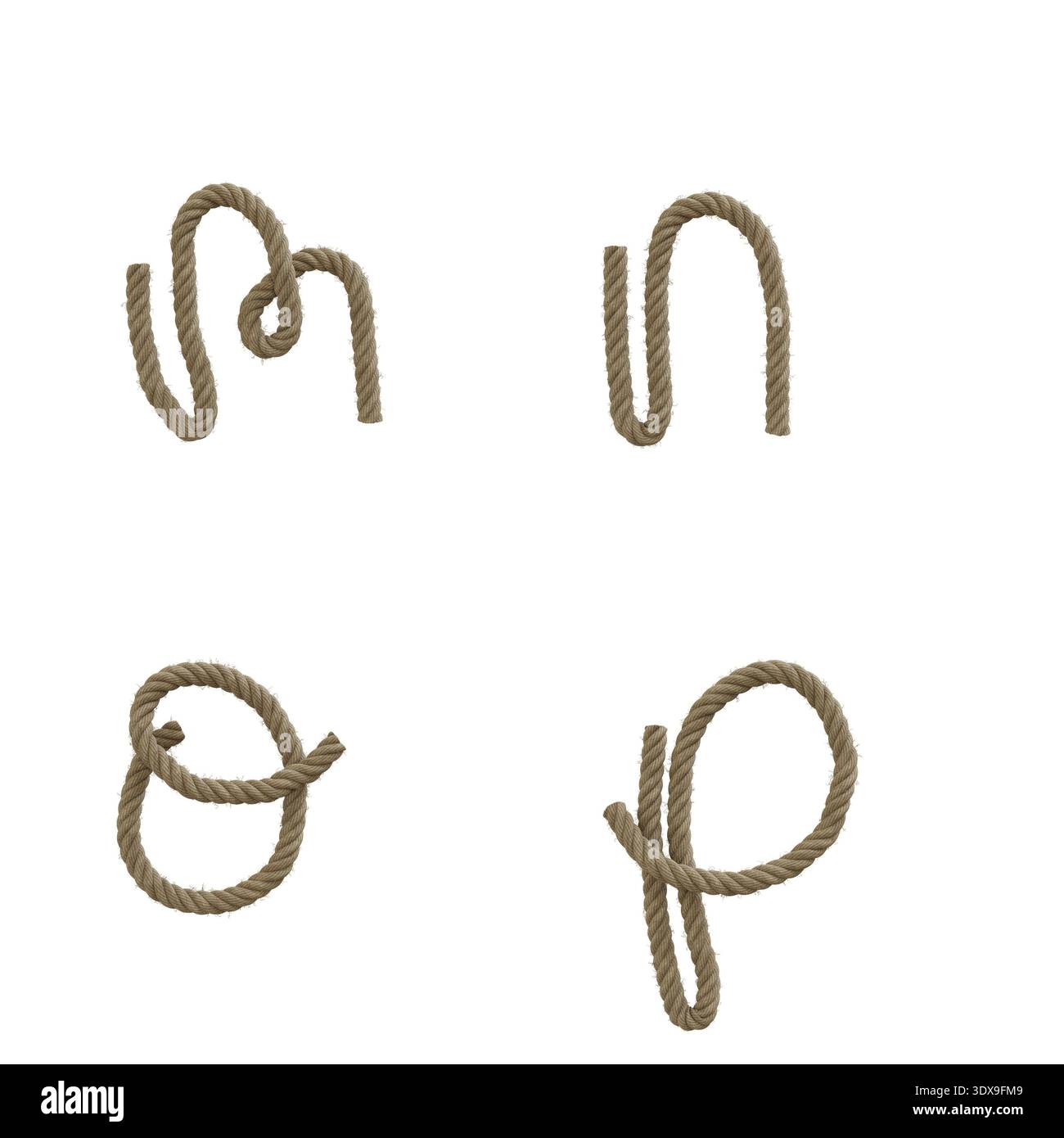 3D rappresentazione della corda di canapa lettere minuscole alfabeto - lettere m-p Foto Stock