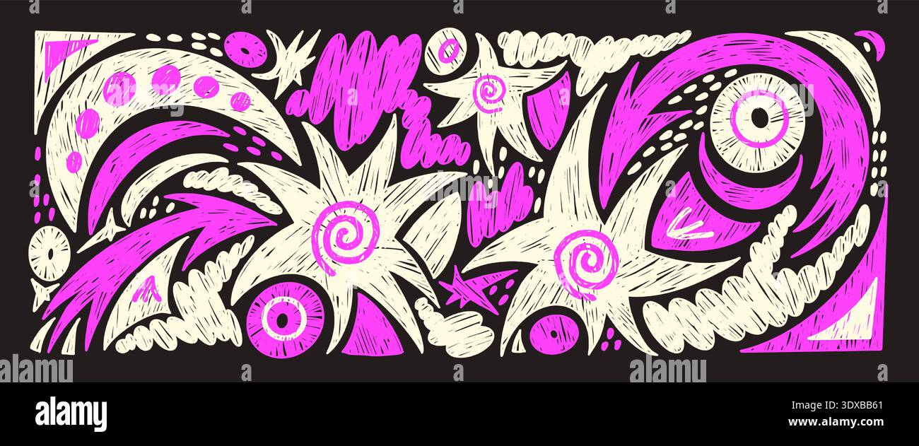 Colori brillanti disegnati a mano stelle, lobi irregolari, set di sfondo con disegni a pastello frecce. Elementi gesso dell'asilo doodle isolati. twinkl Illustrazione Vettoriale