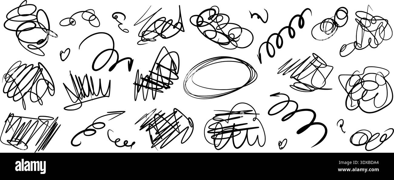 Stoffa nera disegnata a mano con i doodles astratti. Scarabocchi, ingenui graffi espressivi. Il testo evidenzia linee, cerchi, sottolinea spontaneamente e sc Illustrazione Vettoriale