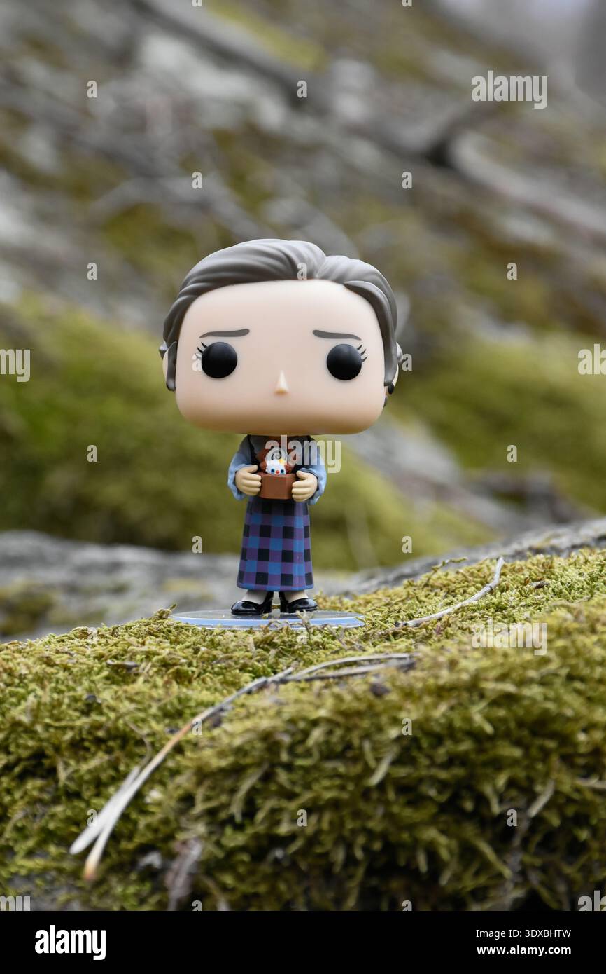 Funko Pop action figure dell'investigatrice paranormale Lorraine Warren dei film horror di Conjuring. Rocce mossy, valle verde, luogo dall'atmosfera buia. Foto Stock