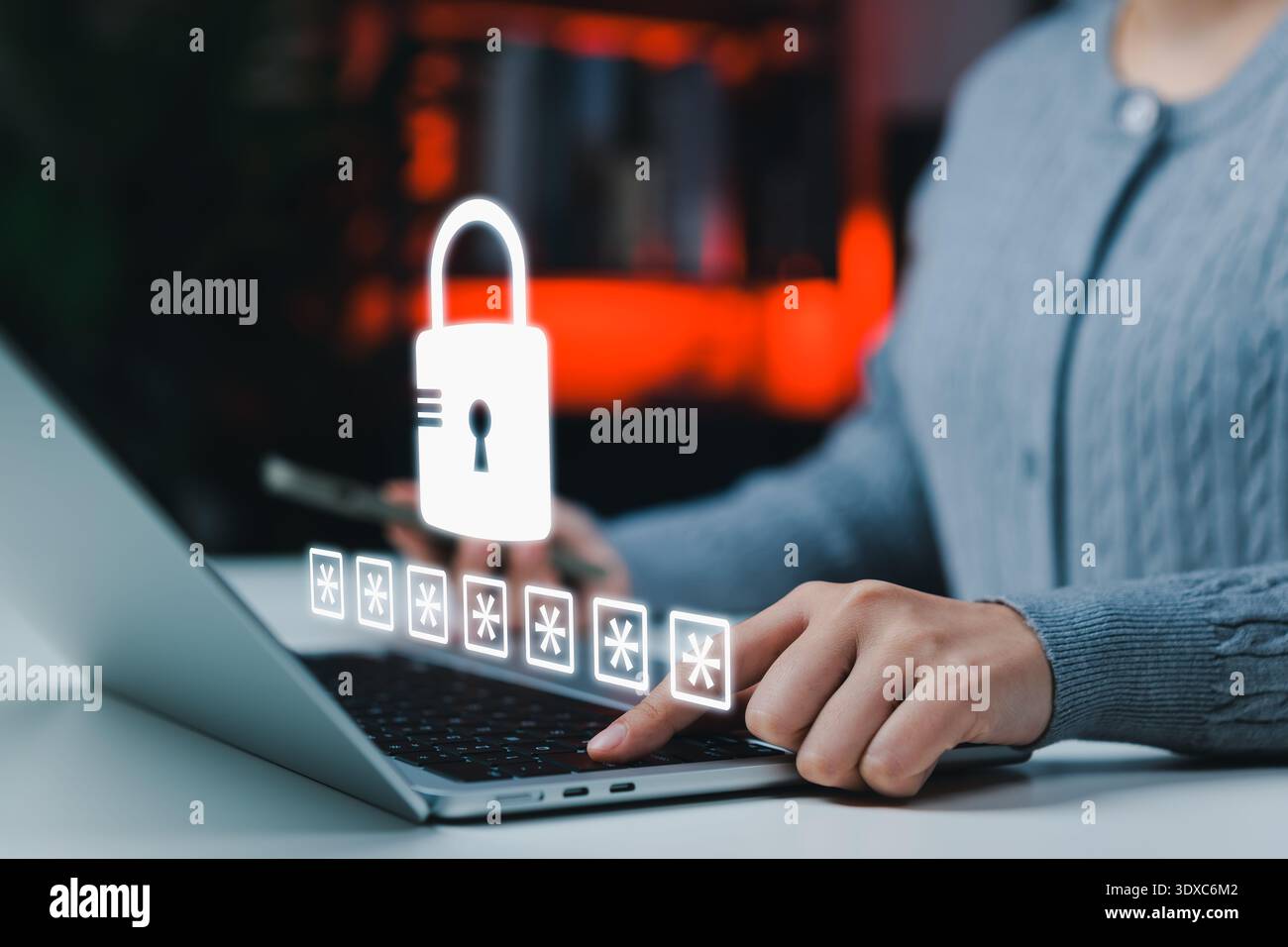 Concetto di privacy dei dati e sicurezza informatica con la persona che digita la password sulla tastiera del notebook. Interfaccia con lucchetto virtuale che rappresenta l'accesso sicuro, authentica Foto Stock