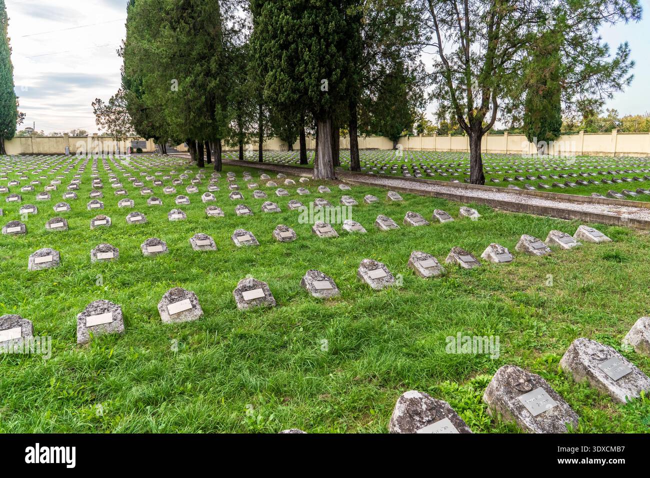 Vista prospettica delle caratteristiche lapidi in cemento allineate con precisione al Cimitero austro-ungarico di Fogliano Redipuglia, Friuli Venezia Giuli Foto Stock