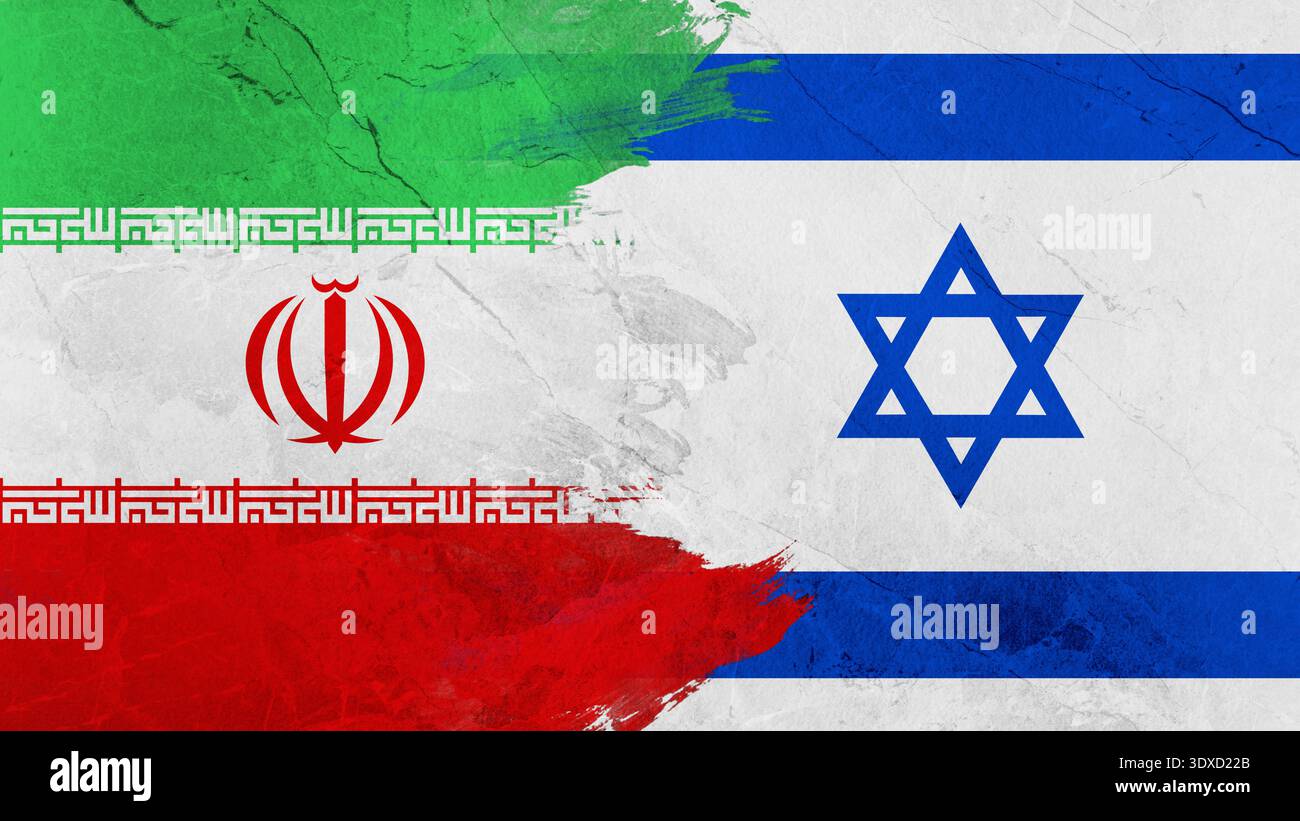 Sfondo in pietra grunge incrinata nei colori delle bandiere di Iran e Israele come sfondo o elemento di design. Concetto di conflitto militare. Foto Stock