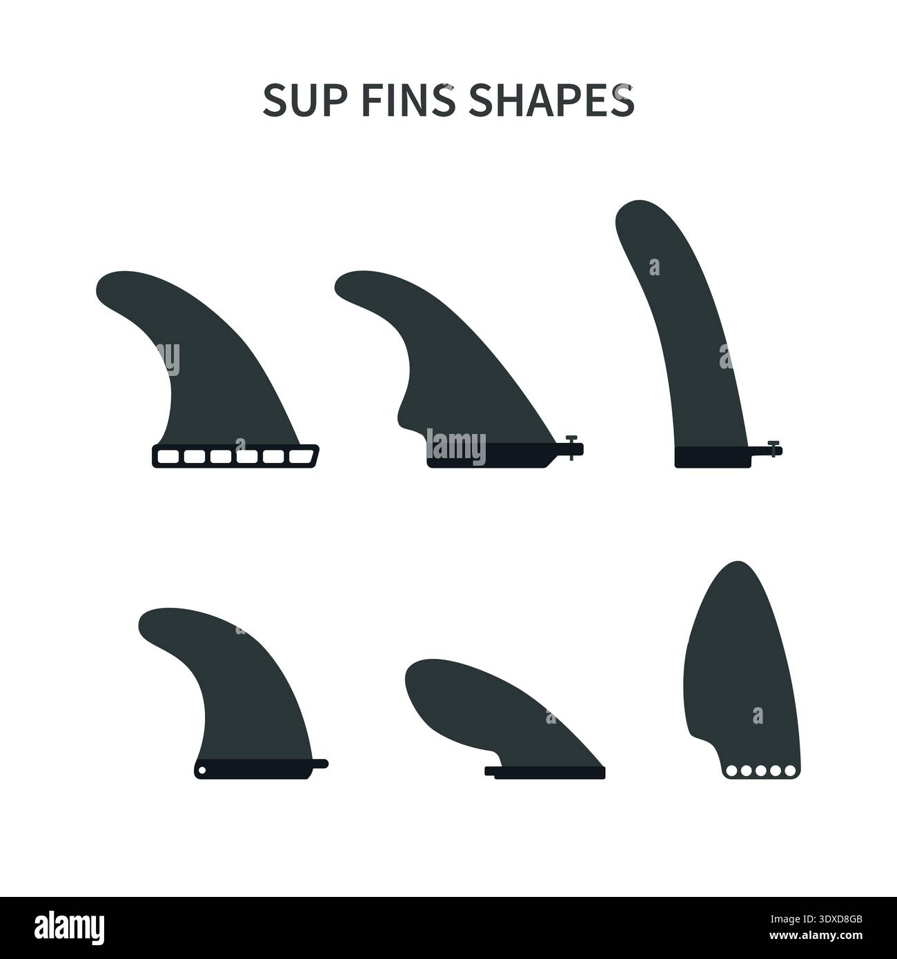 Paddle boarding. Vista dettagliata della diversità delle alette del pannello sup. Illustrazione Vettoriale