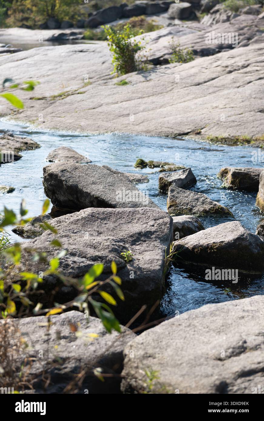 Ruscello roccioso poco profondo su rocce granitiche. Immagine verticale di un torrente illuminato dal sole che scorre nel canyon di granito, l'acqua limpida ondeggia sopra e intorno alle rocce scure. Foto Stock