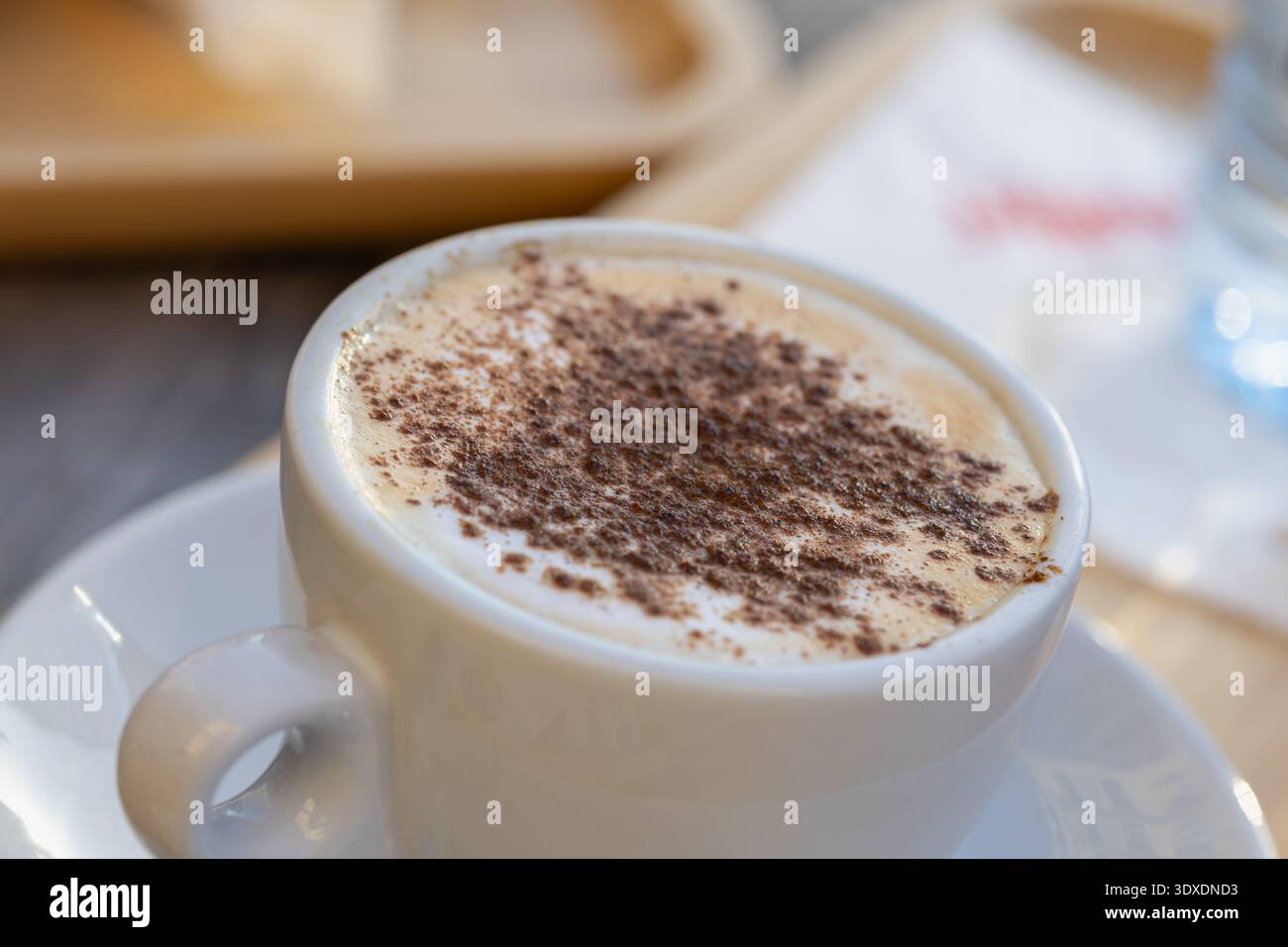 cappuccino cremoso in tazza di ceramica bianca con polvere di cacao spolverata su schiuma di latte schiumosa servito su un tavolo di legno in una luce naturale soffusa Foto Stock