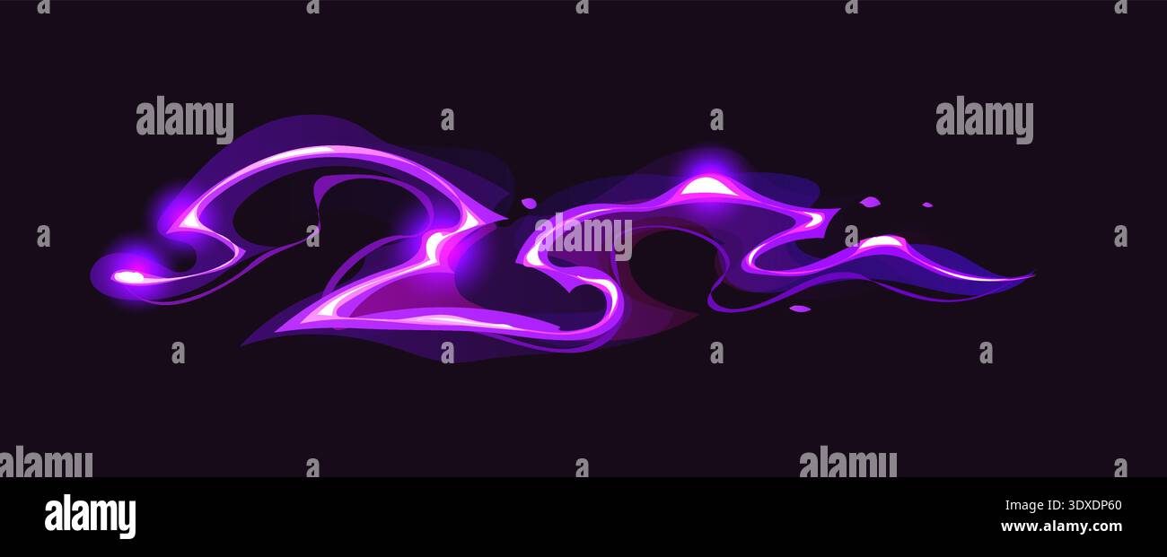 Gioco viola cartone animato onda di potere magica, mago Glow effetto luce vfx. Magia vettoriale fulmini al neon e flusso di energia fantasia. Incantesimo del mago con flusso di potenza, percorso di attacco e traccia scintillante della bacchetta Illustrazione Vettoriale