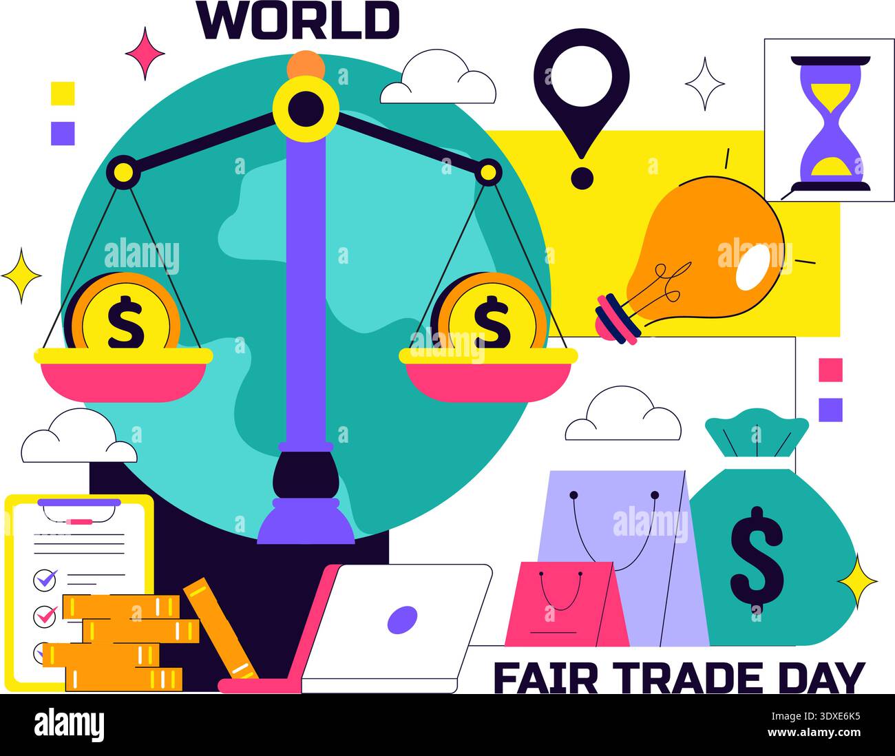 Illustrazione vettoriale della giornata mondiale del commercio equo e solidale l'11 maggio con monete d'oro, bilance e martello per la giustizia climatica e l'economia planetaria su sfondo piatto Illustrazione Vettoriale