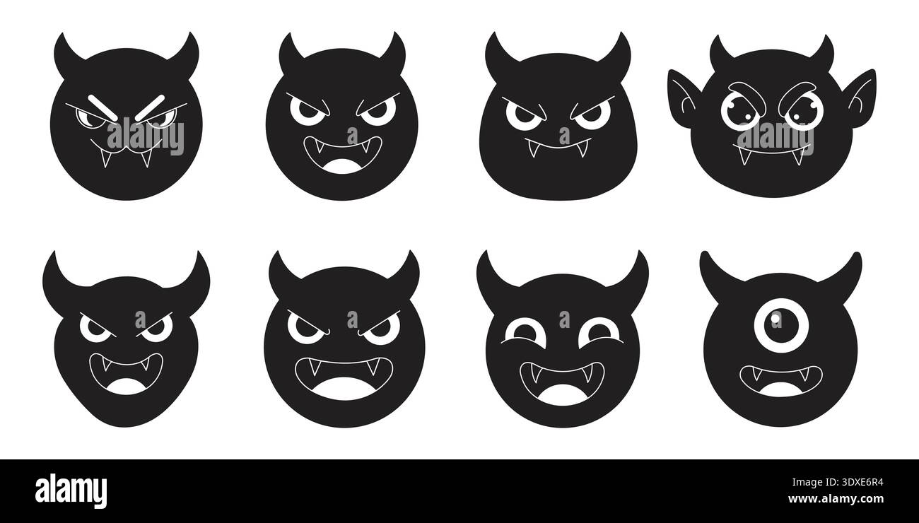 Grazioso set Emoji Purple Devil e volti mostri con silhouette nera con espressioni per Halloween Illustrazione Vettoriale