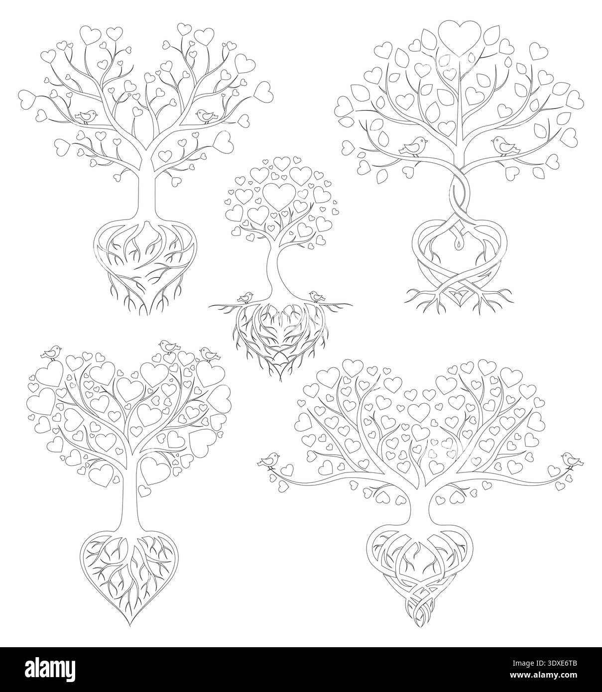 Pacchetto Art Vector minimalista Heart Tree Line con Birds and Roots per progetti di disegno creativo Illustrazione Vettoriale