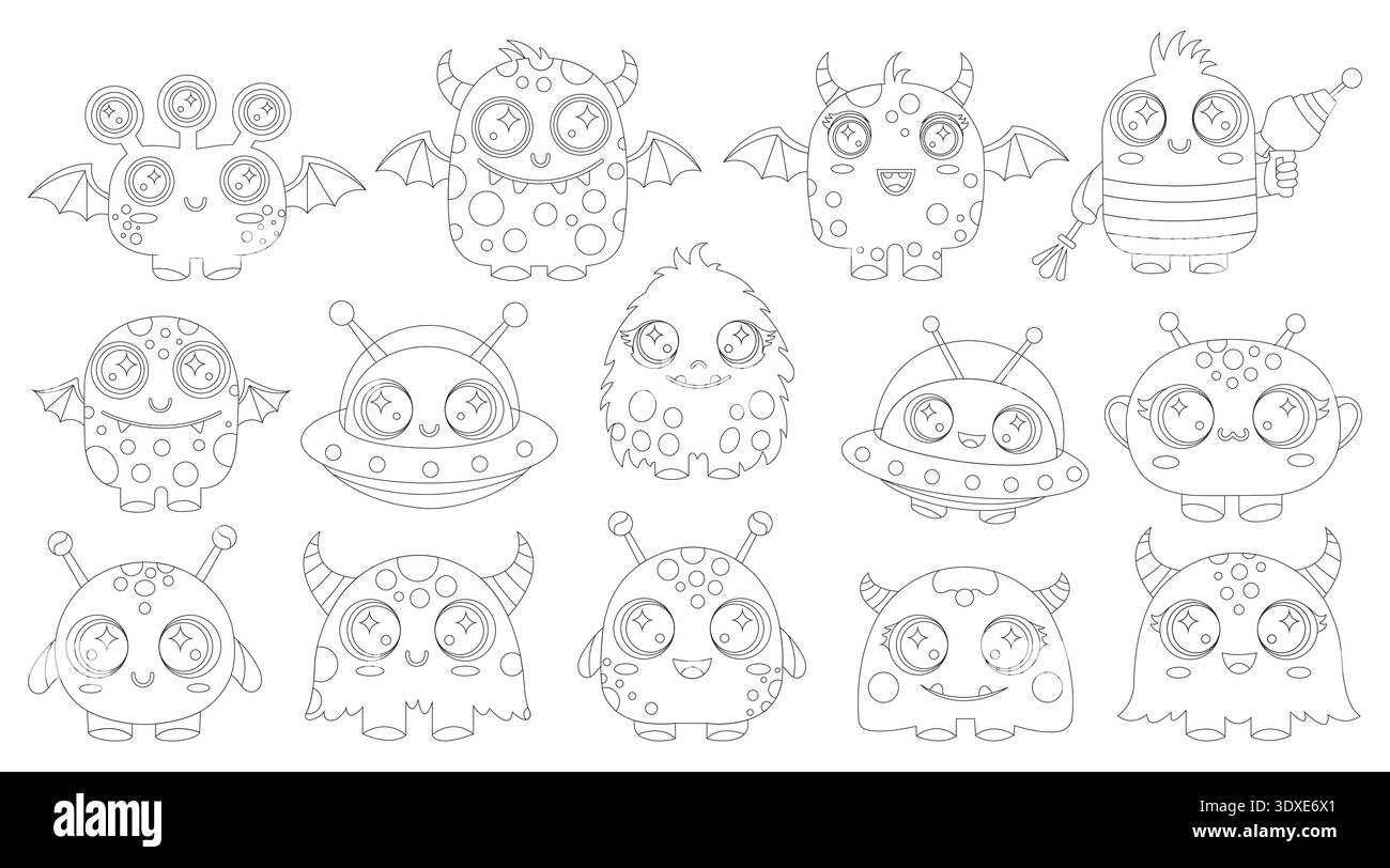 14 simpatici mostri alieni e astronavi UFO Line Art Bundle for Kids Activity Vector Outline Set Illustrazione Vettoriale