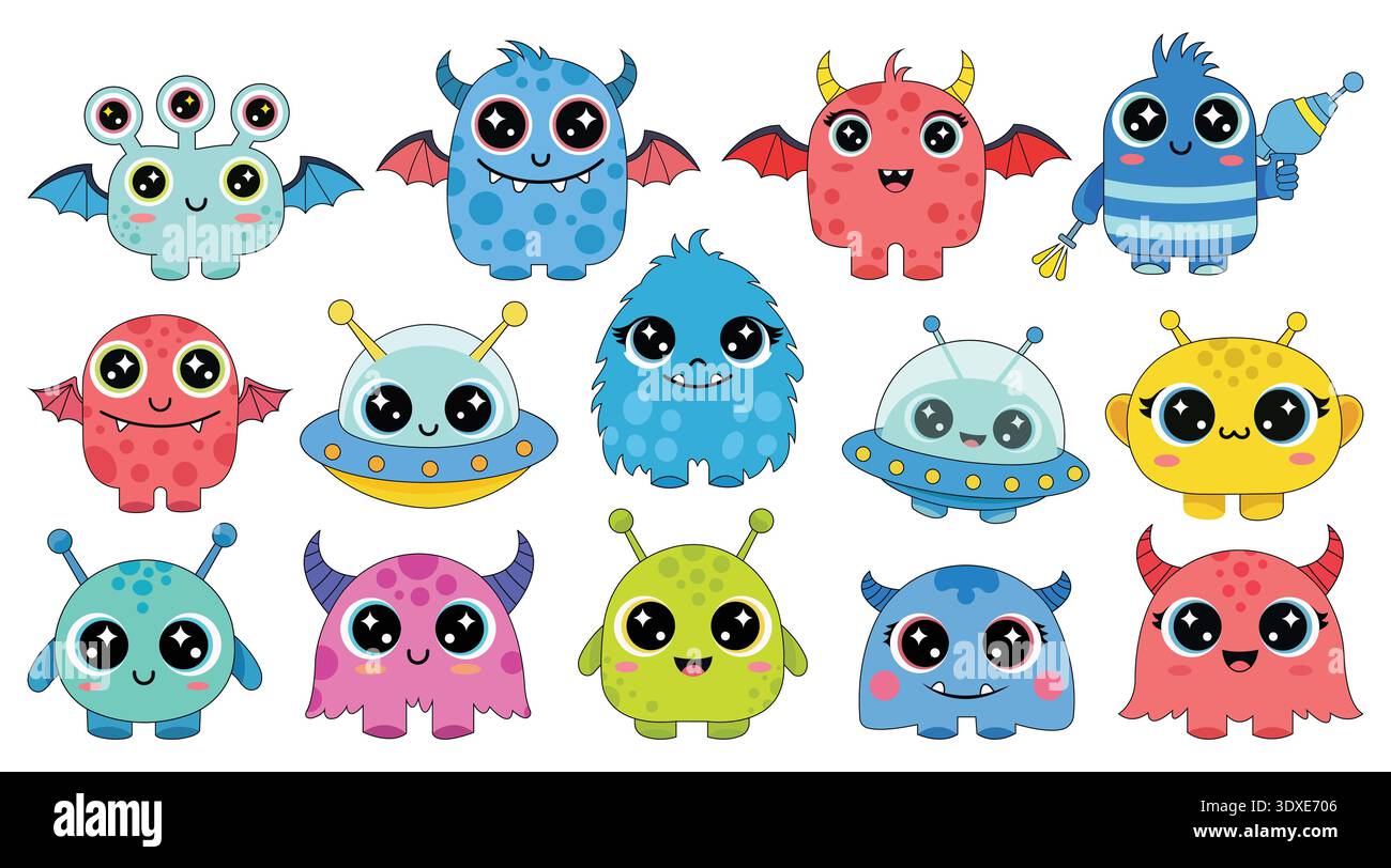 Collezione di simpatici mostri alieni colorati e astronavi UFO con illustrazioni vettoriali Sparkly Eyes Illustrazione Vettoriale