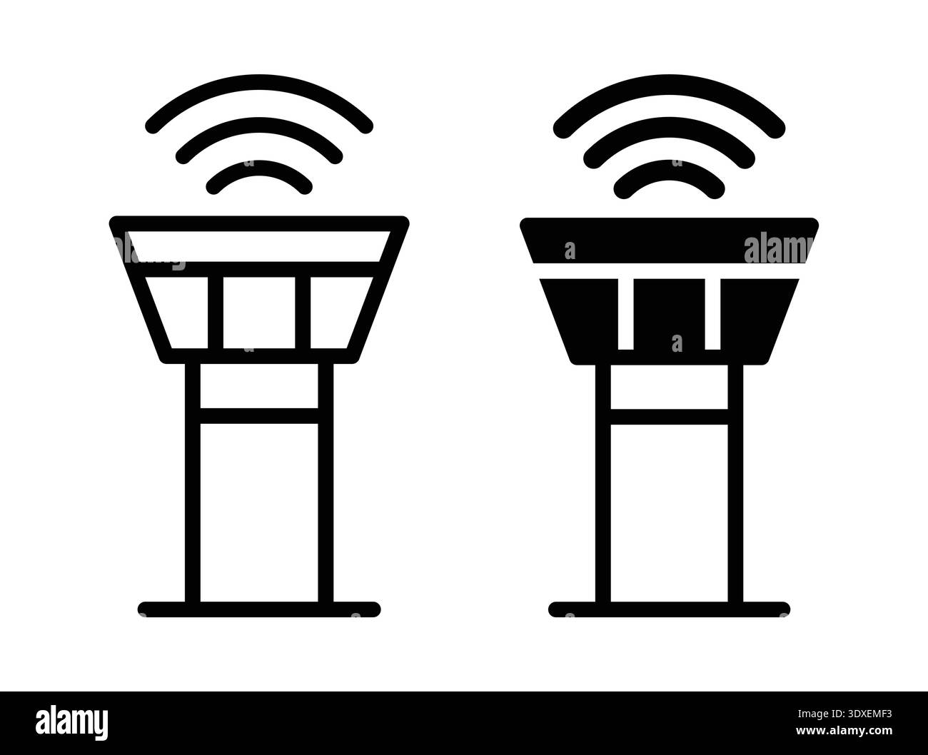 Questa illustrazione presenta due torri di controllo aeroportuali con onde di segnale, che presentano design moderni in uno stile minimalista. Perfetto per l'aviazione Illustrazione Vettoriale