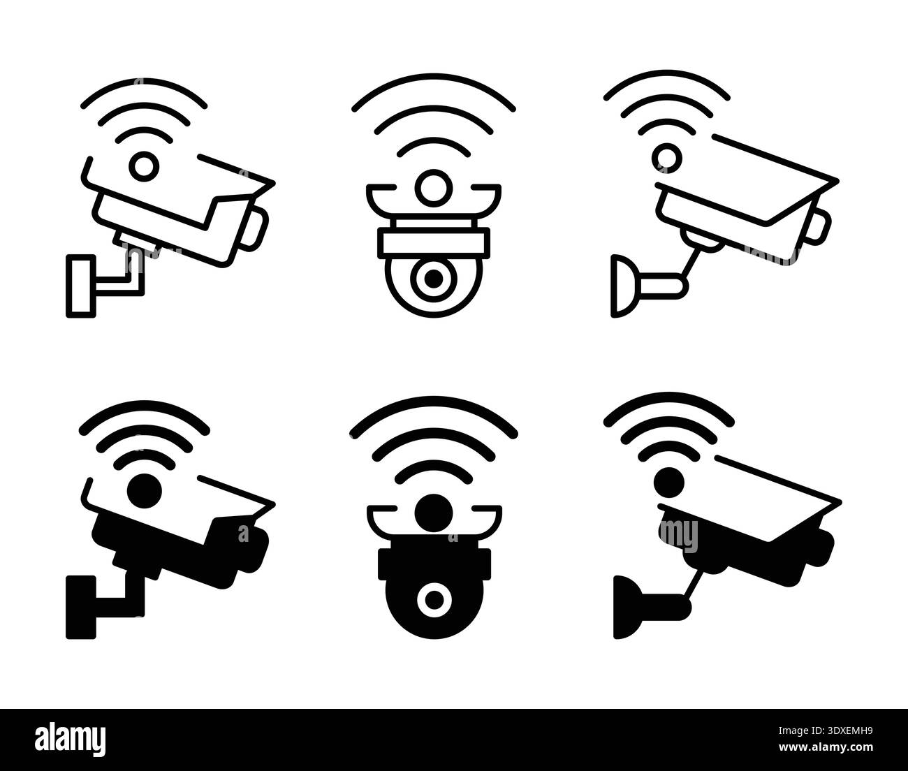 Questa collezione presenta diverse icone delle telecamere di sicurezza, che illustrano le moderne tecnologie di sorveglianza con segnali wireless, perfette per le applicazioni tecnologiche Illustrazione Vettoriale