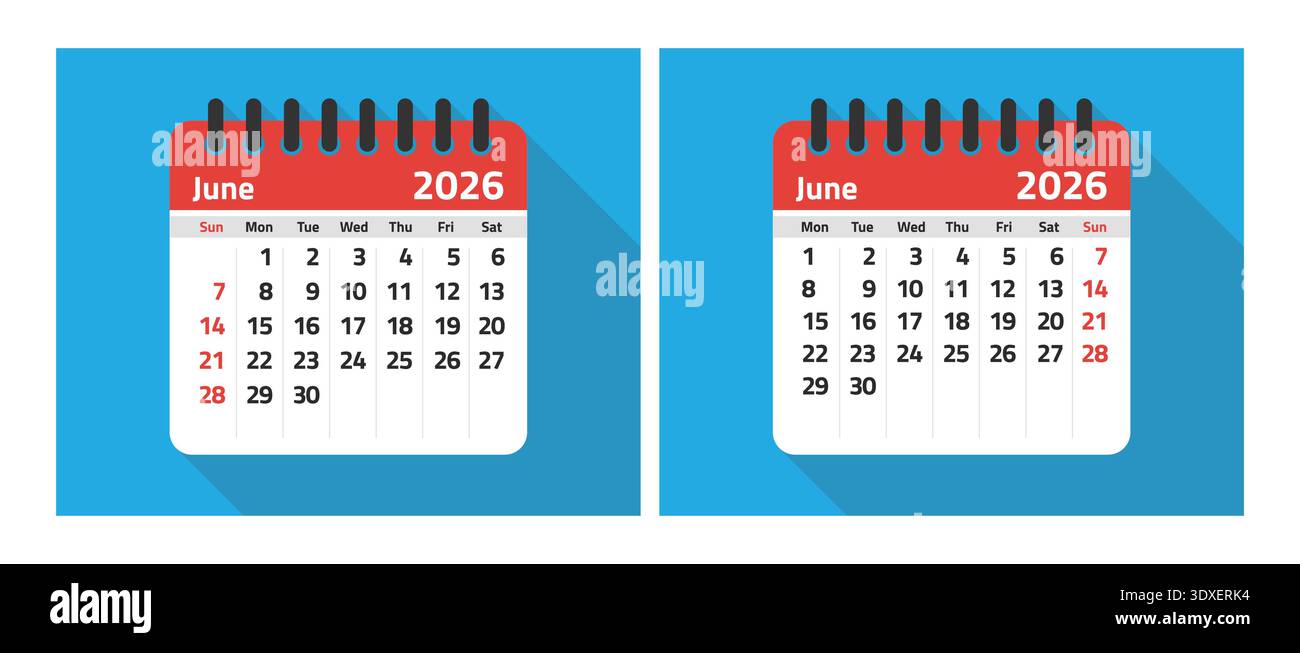 Modelli di calendario di giugno 2026 con inizio della settimana di domenica e lunedì Illustrazione Vettoriale