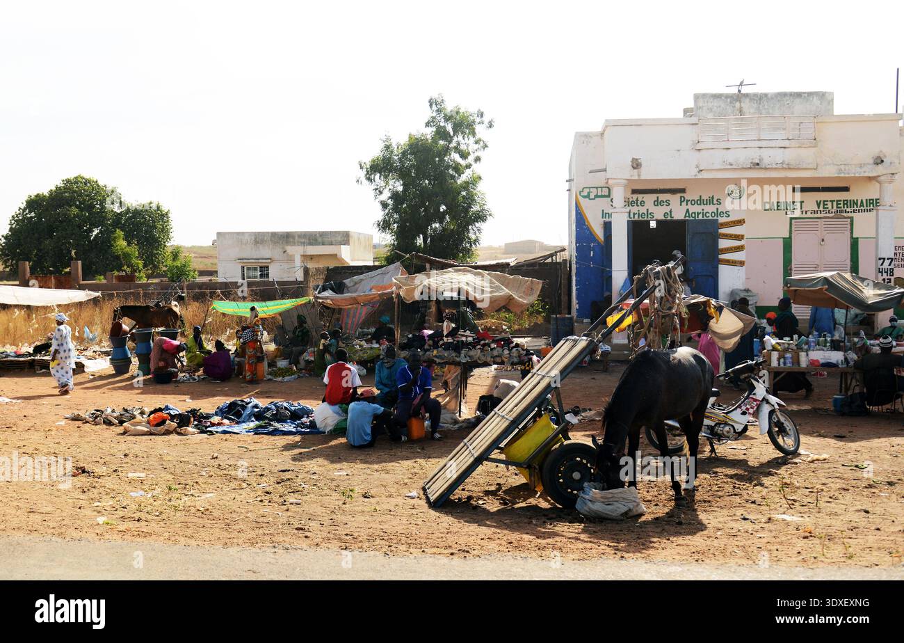 Un mercato stradale e una clinica veterinaria nel centro del Senegal. Foto Stock