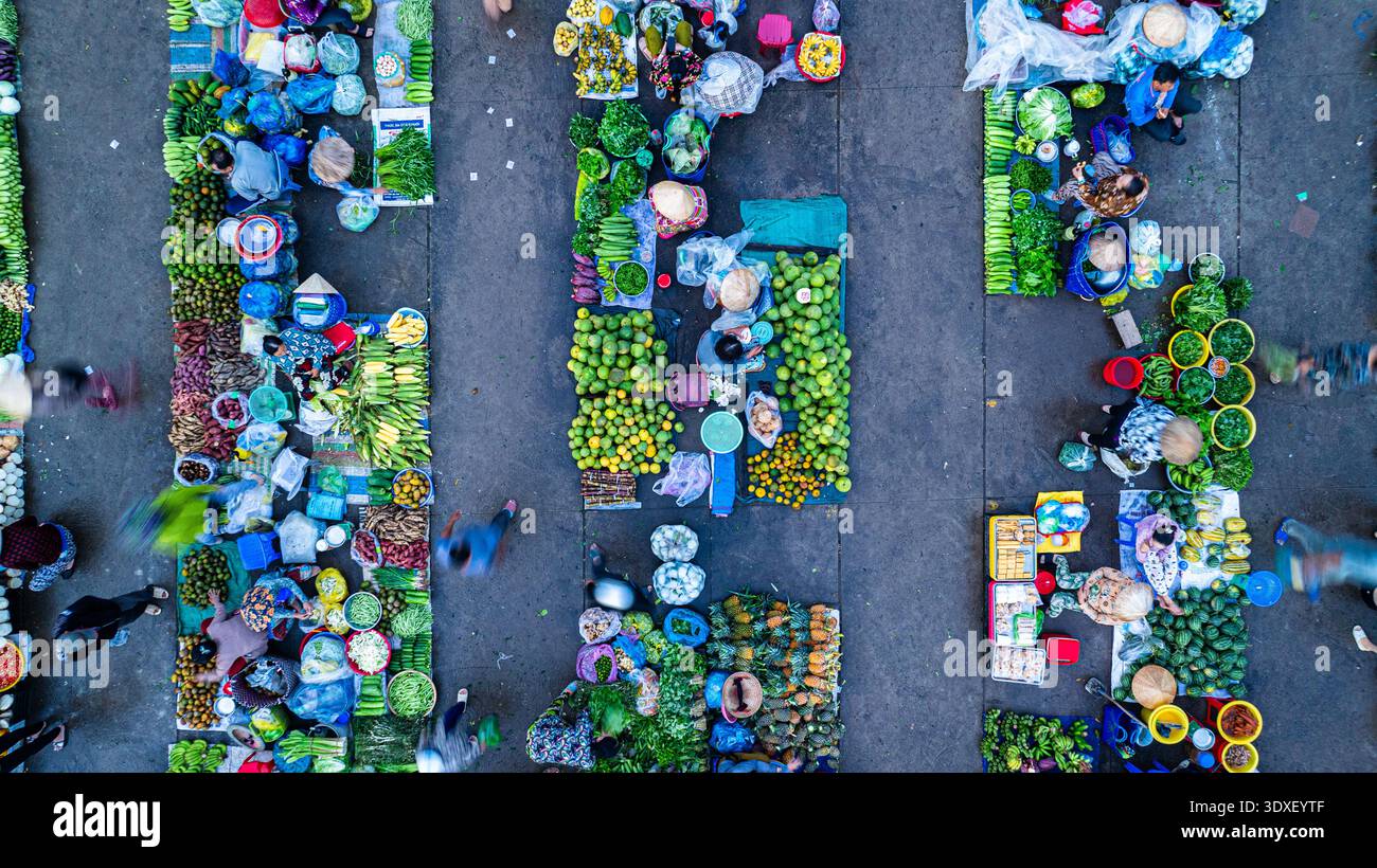 Vista aerea del mercato agricolo Cho Chom Hom a Tien Giang, Vietnam Foto Stock