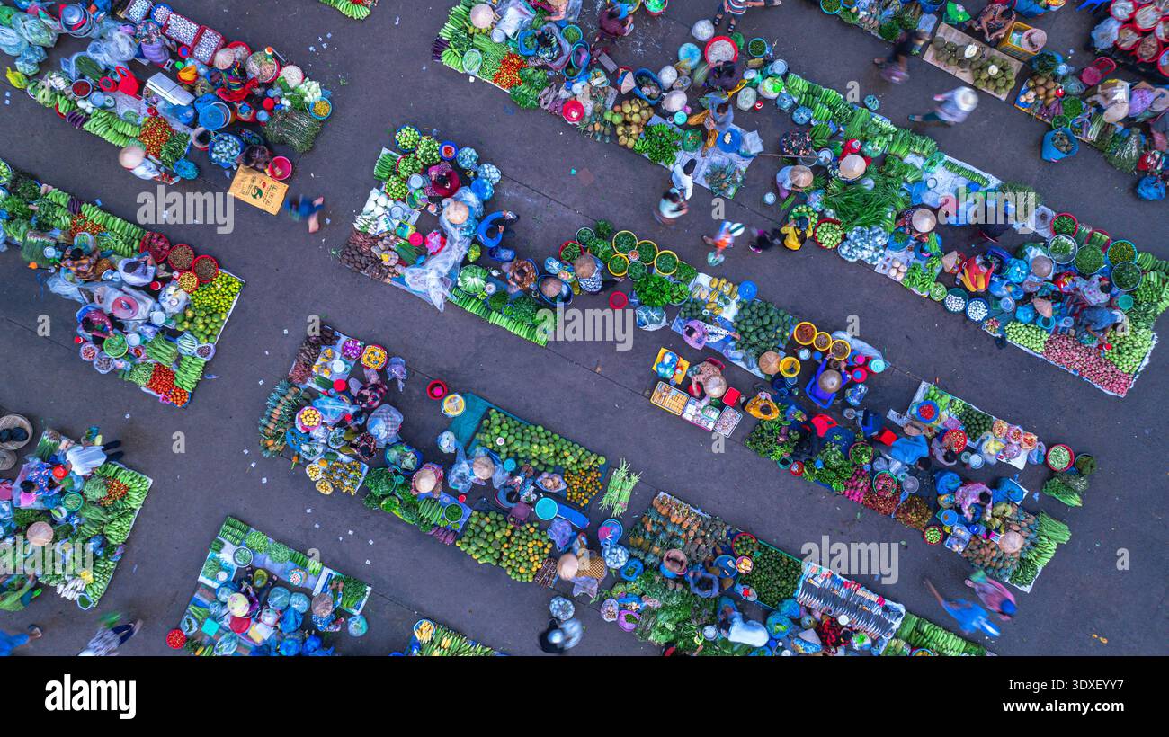 Vista aerea del mercato agricolo Cho Chom Hom a Tien Giang, Vietnam Foto Stock