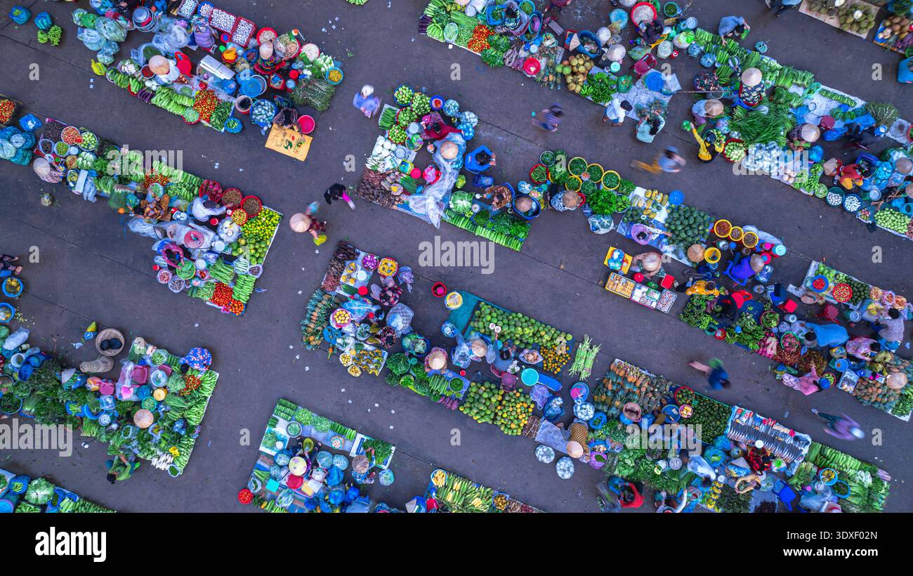 Vista aerea del mercato agricolo Cho Chom Hom a Tien Giang, Vietnam Foto Stock