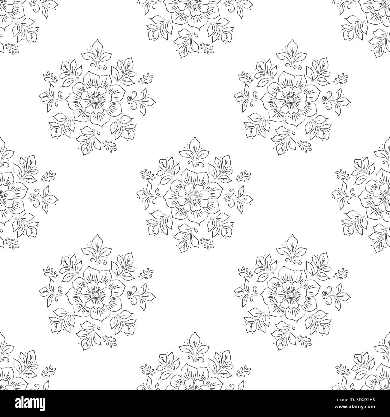 Arte floreale in linea con fiori, gemme e foglie. Illustrazione vettoriale. Elementi di piante ed erbe selvatiche e da giardino con motivo senza cuciture. Per p Illustrazione Vettoriale