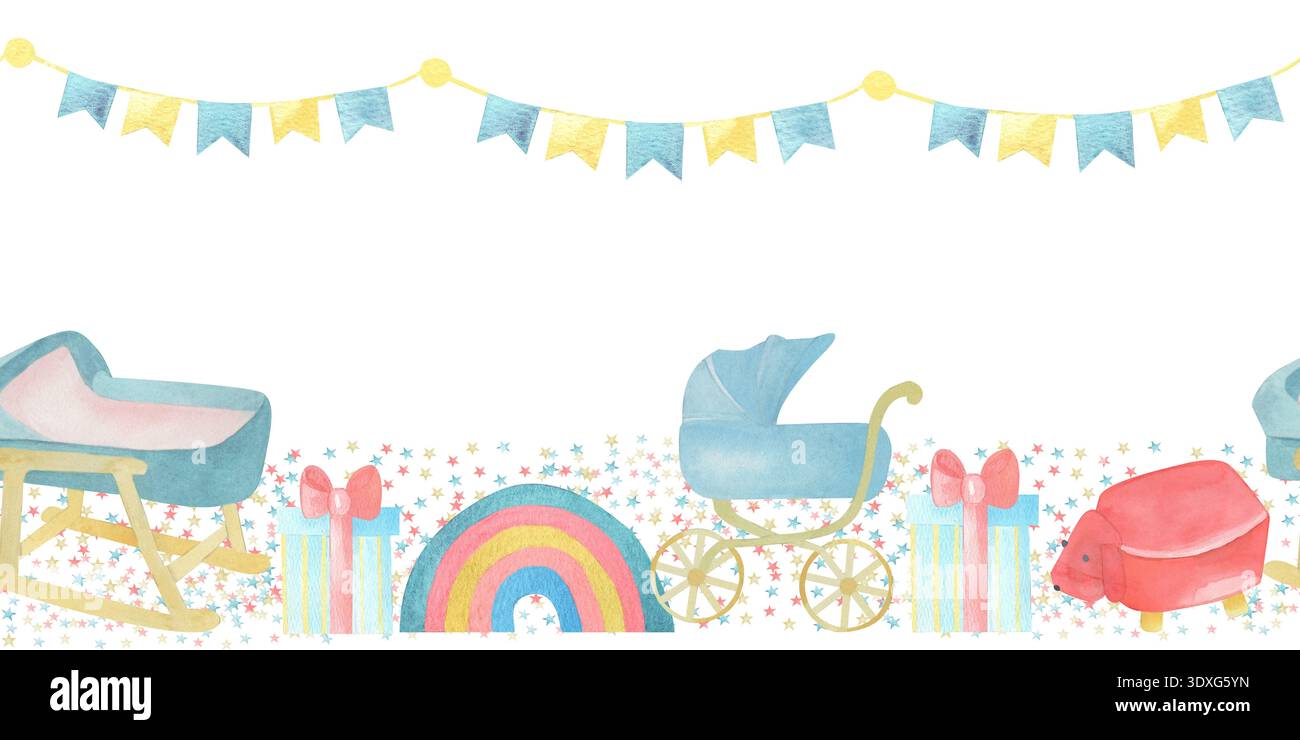 Contorno orizzontale senza cuciture illustrazione per bambini con acquerello a dondolo, carrozza, arcobaleno, regali, cuccioli e cane giocattolo. Perfetto per l'arredamento dei vivai Foto Stock