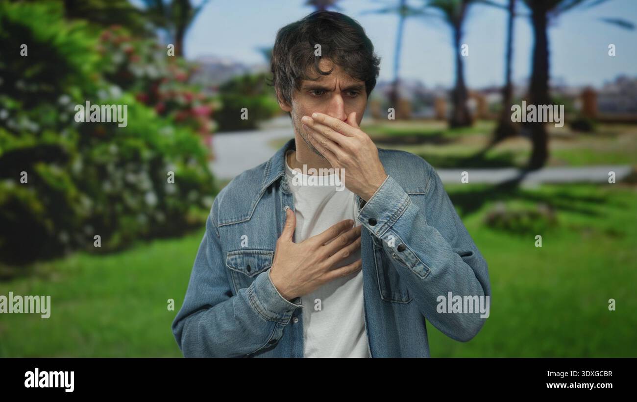 L'uomo tocca il collo con la mano mentre cammina su un sentiero lastricato nel verde del parco circondato da arbusti in fiore; fastidio alla gola. Foto Stock