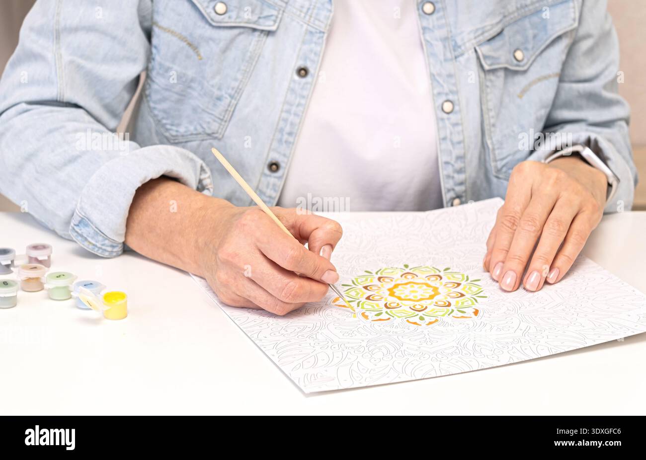 Donna creativa impegnata nella pittura artistica di mandala per numeri, utilizzando vernici acriliche e pennelli sottili per dare vita a un design colorato su tela di carta. Foto Stock