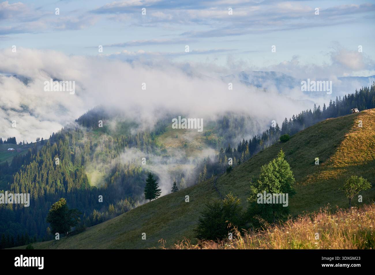 Pittoresco scenario di valle di montagna ricoperta di nebbia, con macchie di verdi pascoli e case sparse. Le nuvole scivolano dolcemente sulle colline boscose, creando un'atmosfera serena e tranquilla. Foto Stock