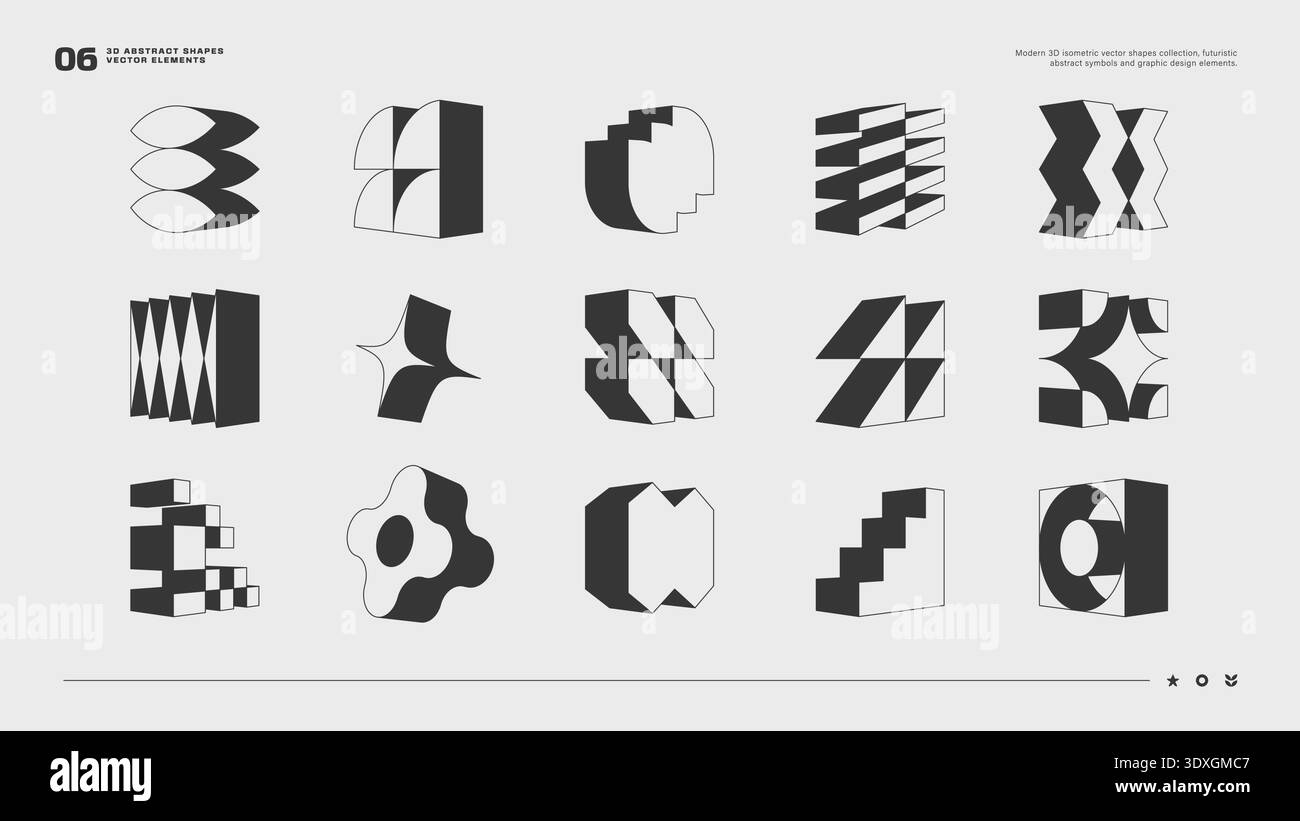 Set di forme geometriche astratte 3D ed elementi vettoriali moderni. Perfetto per branding futuristico, design UI UX, layout di poster e progetti grafici contemporanei. Grafica vettoriale EPS10. Illustrazione Vettoriale