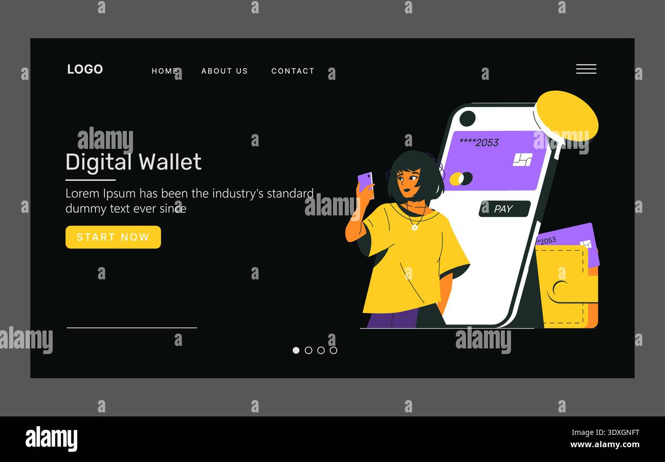 Illustrazione vettoriale che raffigura un concetto di portafoglio digitale con una persona che interagisce con uno smartphone, evidenziando le funzioni di pagamento mobile e un processo di transazione sicuro sull'interfaccia di un sito Web. Illustrazione Vettoriale