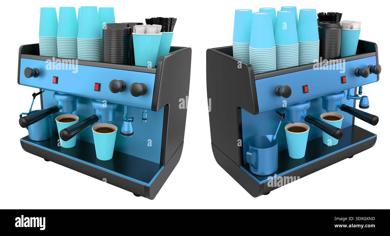 Allestite moderne macchine per caffè espresso con tazze da caffè monouso e in ceramica, isolate su sfondo bianco isolato Foto Stock