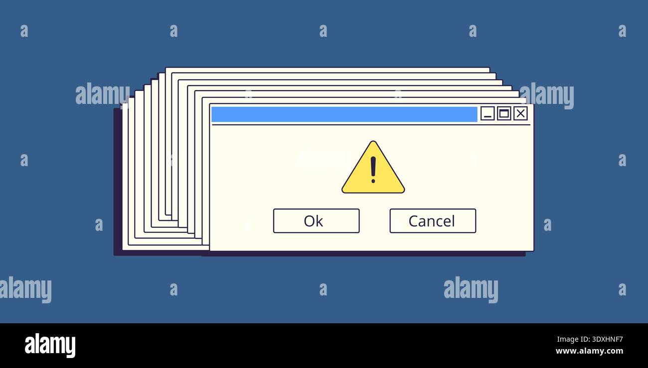 Bug della finestra di sistema. Retro computer error message, Reperat popup alert notification critical fail virus sistema operativo Defect code Old pc desktop screen ui vector image original artwork Illustrazione Vettoriale