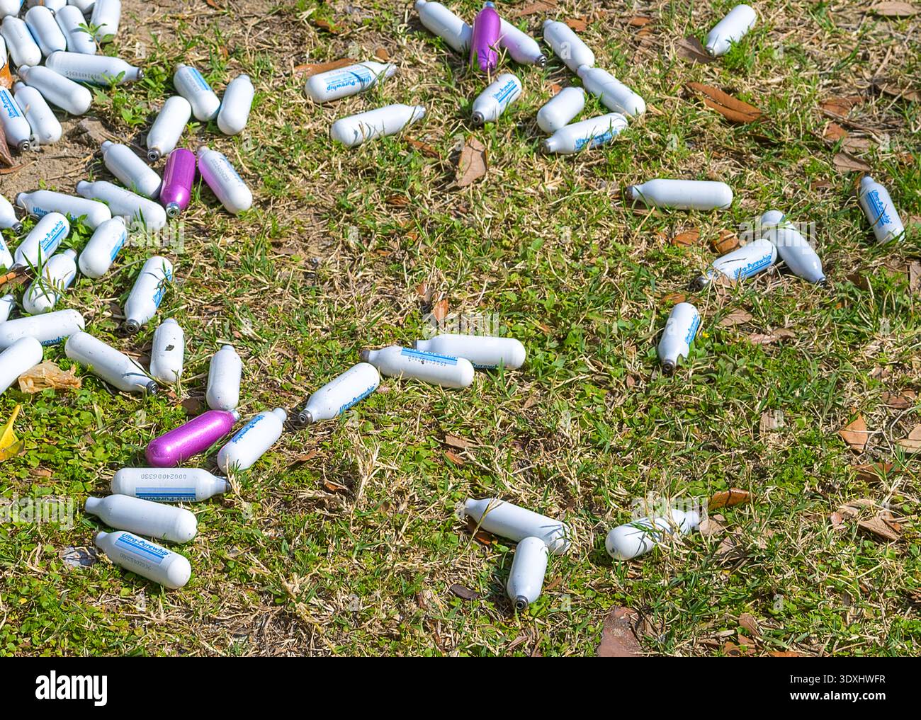 New Orleans, LOUISIANA, USA - 21 febbraio 2026: Cartucce di ricarica per panna montata ultra-Purewhip (protossido di azoto) scartate per terra dopo l'uso ricreativo da parte dei partner del Mardi Gras nell'area universitaria di Uptown New Orleans Foto Stock