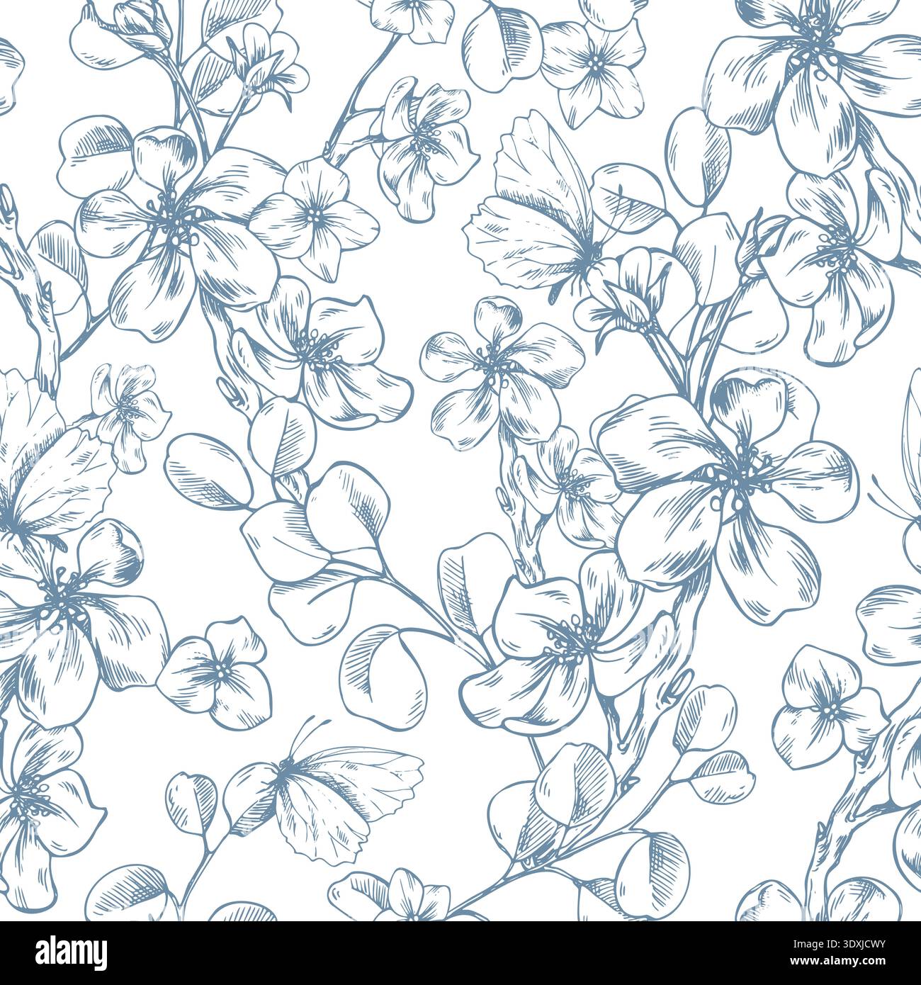 Rami con fiori di mele, farfalle, eucalipto e fiori. Illustrazione grafica disegnata a mano con grafica a linee d'inchiostro. Motivo floreale senza cuciture per Illustrazione Vettoriale