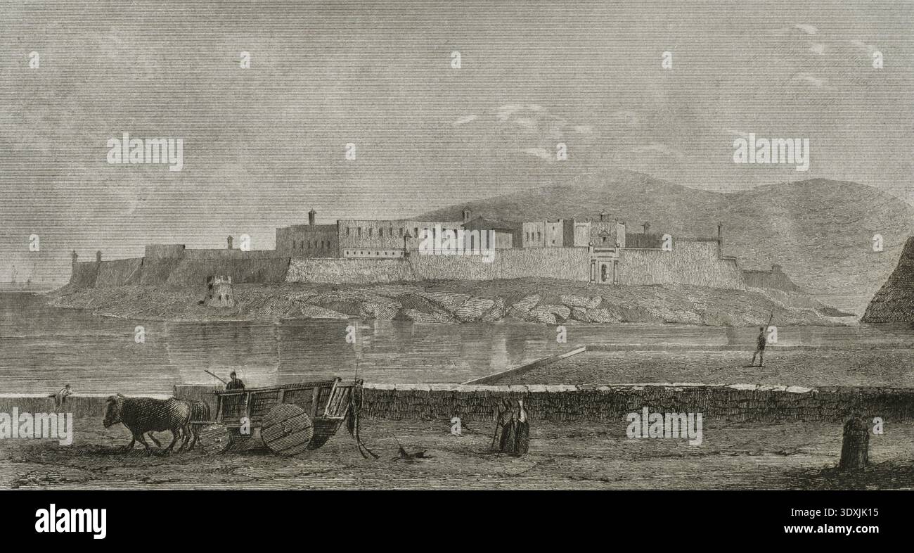 Kalkara, Malta. Forte Ricasoli. Forte fortificato costruito per ordine di San Giovanni tra il 1670 e il 1698. Occupa un promontorio noto come Gallows' Point sulla riva nord della Rinella Bay, proteggendo l'ingresso al Grand Harbour. Vista panoramica. Incisione. LeMaitre direxit. Storia di Malta e Gozo, di Frederic Lacroix. Panorama Universal, edizione spagnola, stampato a Barcellona, 1850. Foto Stock