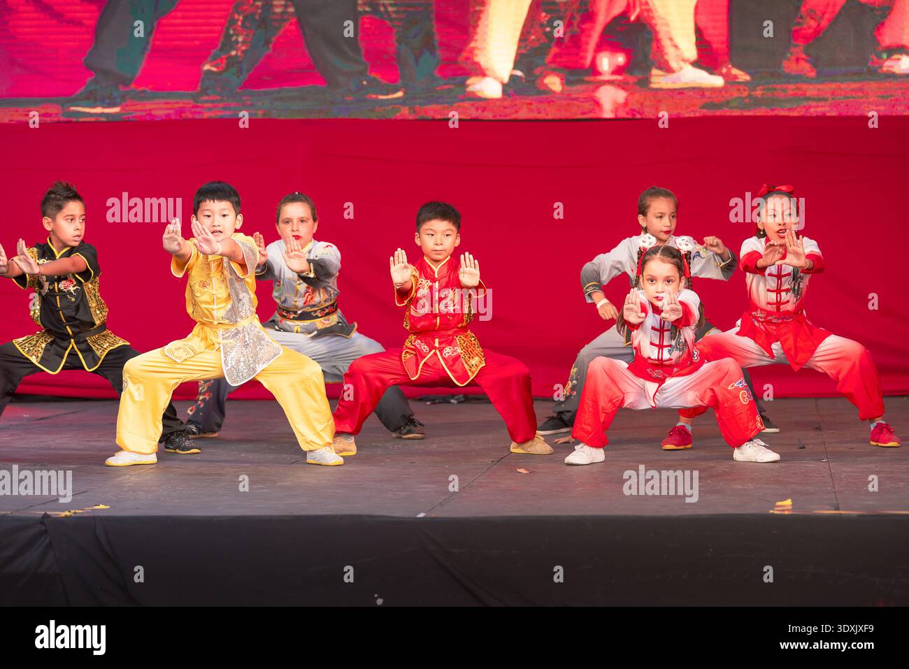 Kung fu tradizionale e dimostrazione di arti marziali durante il festival del capodanno cinese a Buenos Aires. Atleti che eseguono movimenti dinamici. Foto Stock